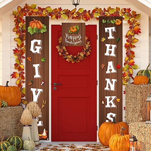 FEPITO 3Pcs Give Thanks Porch Sign Thanksgiving Hanging Banner for Thanksgiving Decoration Fall Party Yard Indoor Outdoor Party
