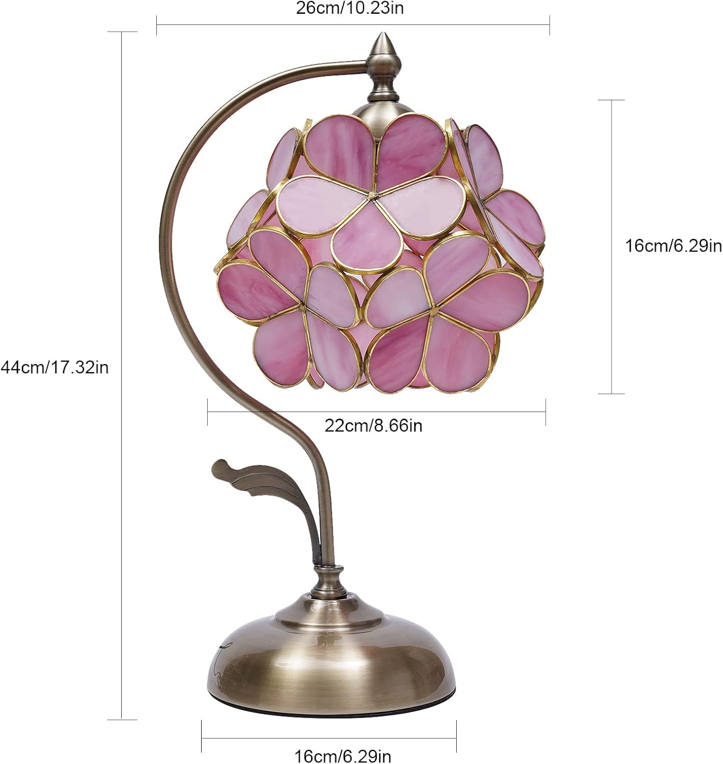 Cherry Blossom Tiffany Style Stained Glass Table Lamp with Petal Lampshade Vintage Brass Base (Pink)