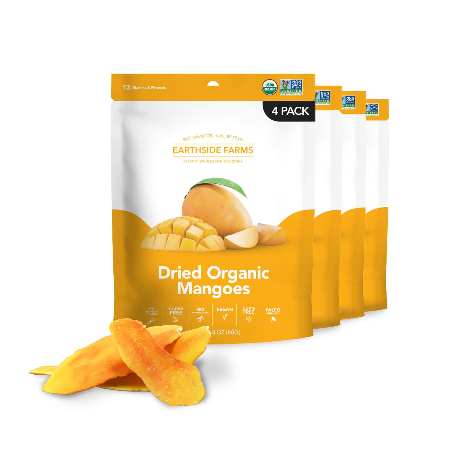 Earthside Farms Dried Organic Mangoes 2.8oz, 4 Pack – No Sugar Added, Gluten-Free, Vegan Snack – Naturally Sweet Dried Fruit – Perfect Healthy On-the-Go Snack for Work, School, Travel