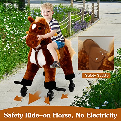 Kids Ride On Horse Toys - Riding Horse with Rolling Wheels & Sound, Mechanical Real Walking Horse for Children 3-6 Years Old