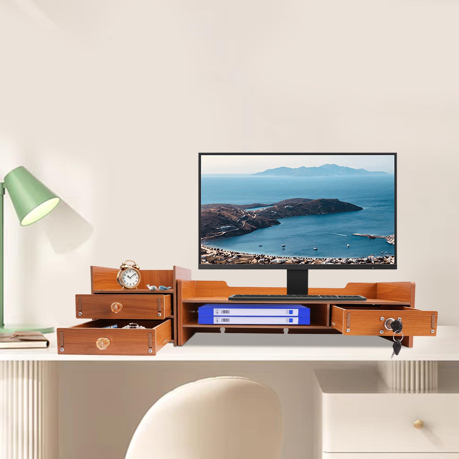 Stojak na monitor, 48 x 20 x 13,5 cm, podwyższenie monitora, 3 pudełka do przechowywania, stojak na monitor, stojak do przechowywania, akcesoria biurowe, nadaje się do biura, pokoju zabaw, gabinetu