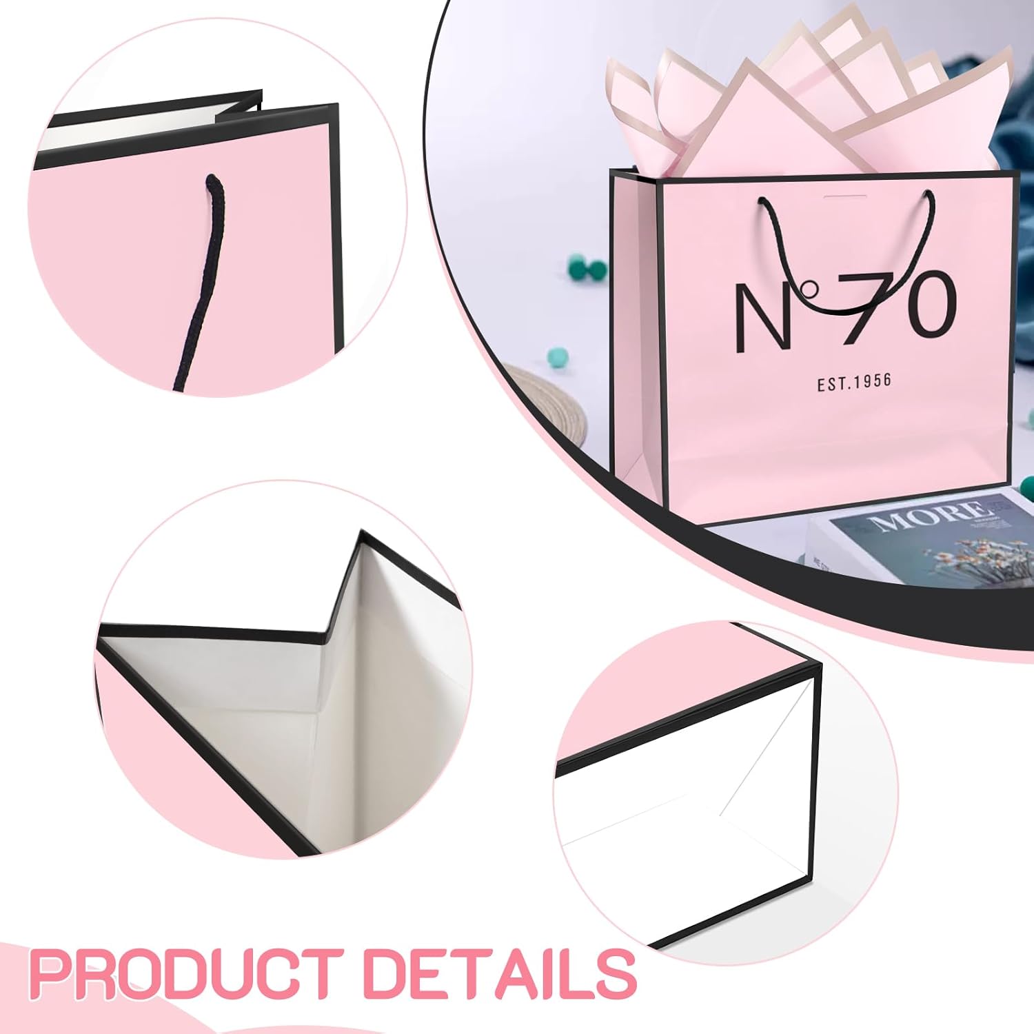 QLSKO 13" Birthday Gift Bag with Card Envelope Sticker Bow Ribbon and Tissue papers for Women Girls Design with Handles,13th-100th (EST.1956 70th, 13" W x 10.5" H x 4.3" D) - Image 4