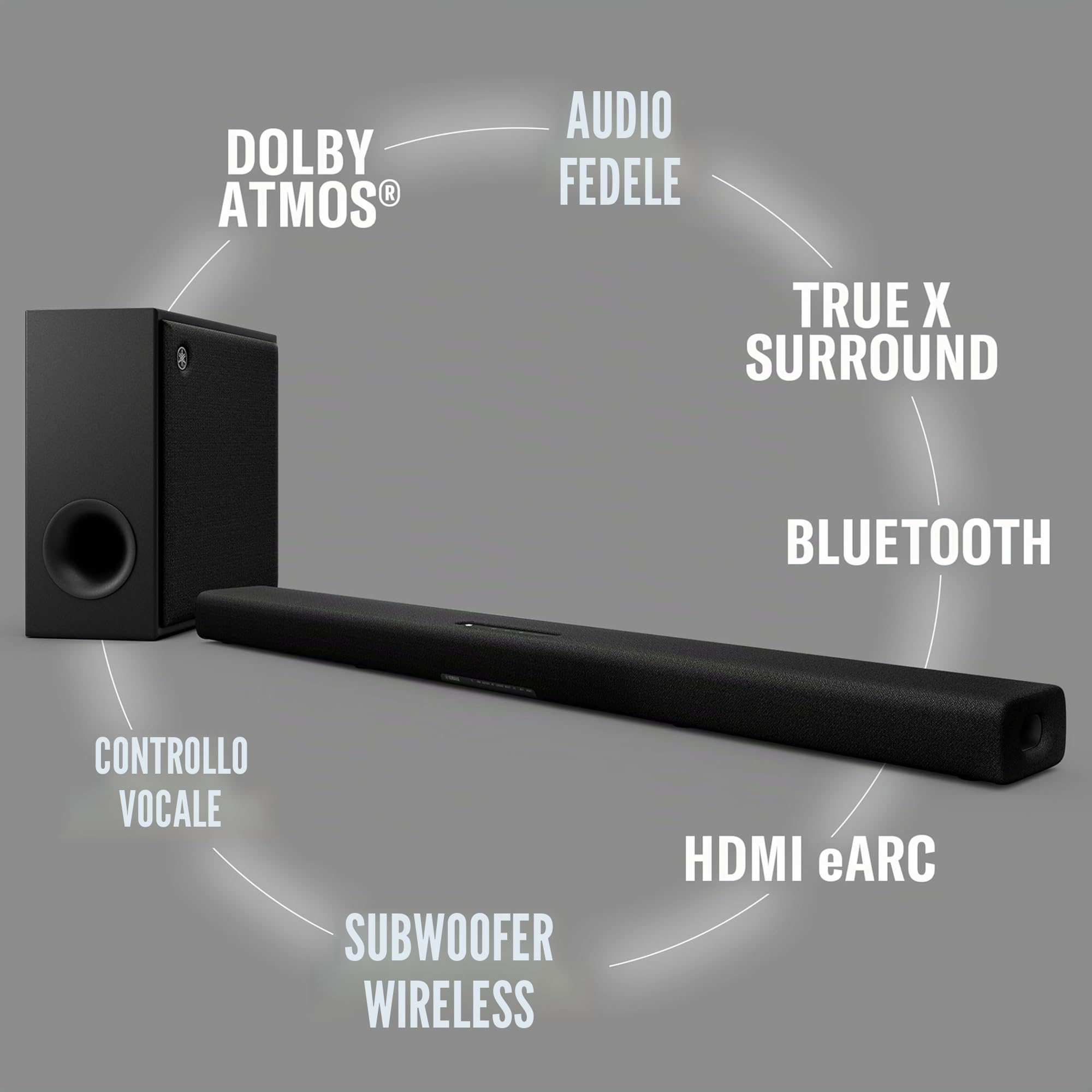 YAMAHA TRUE X BAR 50A Soundbar – Audio Surround Dolby Atmos, Alexa Integrata, Subwoofer Wireless, Clear Voice, HDMI eARC, Bluetooth, AirPlay 2, Spotify Connect – Grigio Carbone