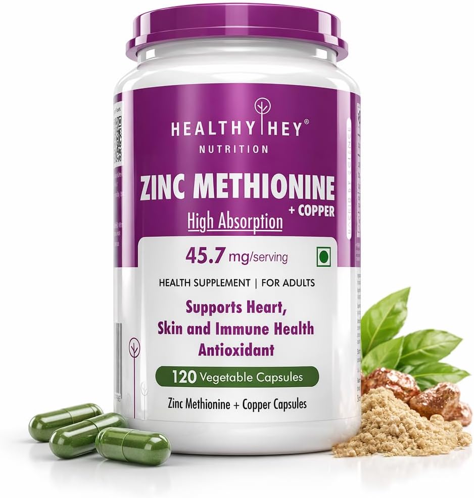 Healthyhey Nutrition Zinc Methionine Plus Copper, Supports Immune and Antioxidant Protection - 120 Veg Capsules