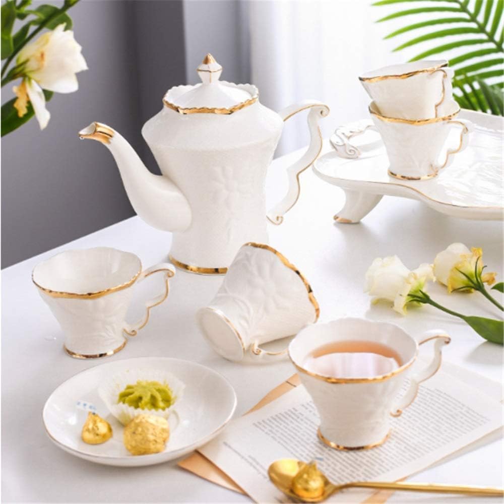 Tea Set 8 Pieces Glazed Porcelain Coffee And Tea Service With 6 Piece Cups And Coffee Tray Gold Trim European Style Afternoon Tea Drinkware Coffee Set Cup And Saucer Sets