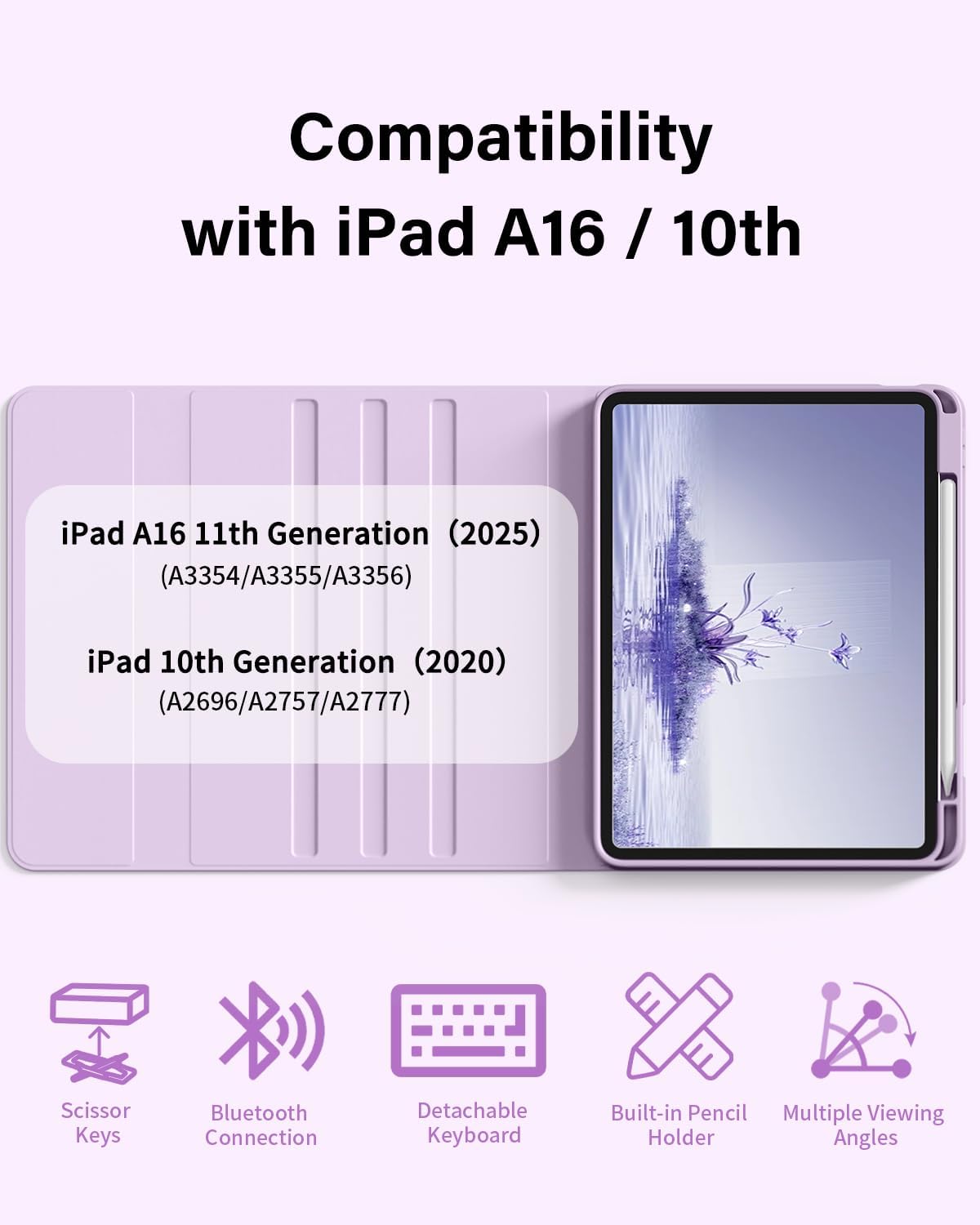 aoub for iPad (A16) 11th/10th Generation Case with Keyboard 2025/2022 - Detachable Wireless Keyboard, Folio Cover with Pencil Holder for iPad 11 inch / 10.9 inch, Purple