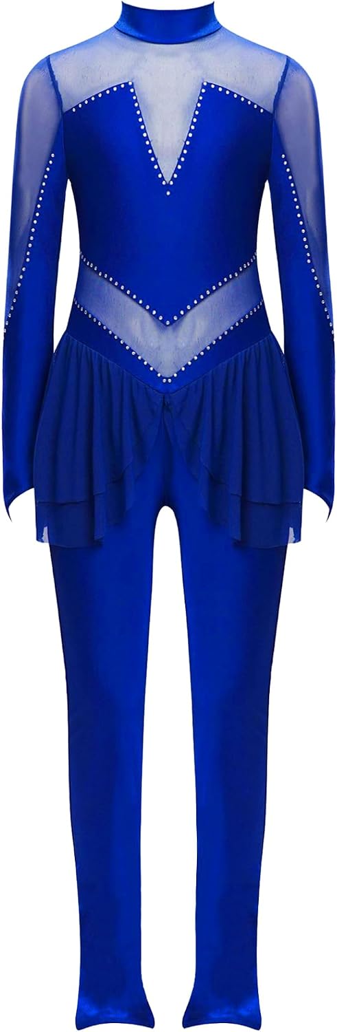Girls Figure Skating Skirted Unitards Long Sleeve Shiny Rhinestones Gymnastics Ballet Dance Jumpsuit Dancewear