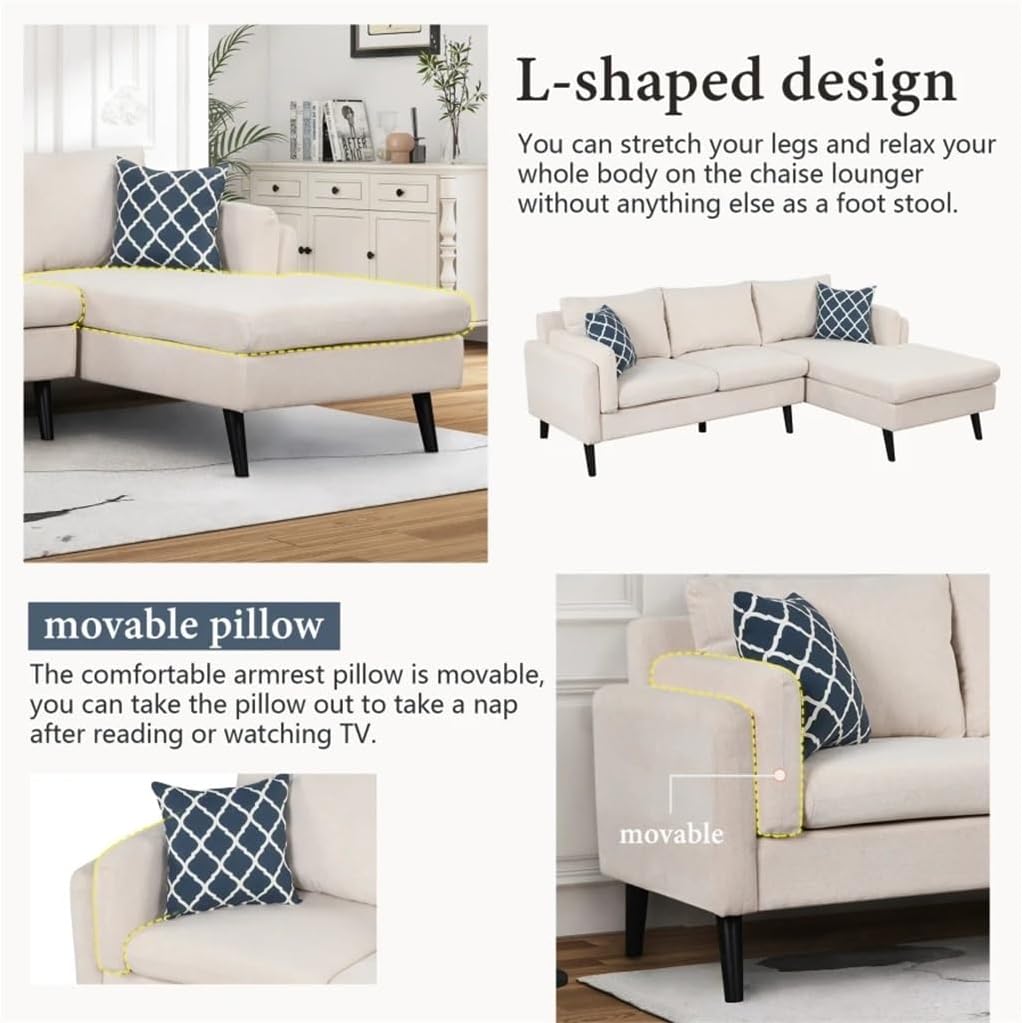 84.65" Upholstered L-Shape Sofa Couch with Chaise 3-Seater with Rubber Wood Legs for Living Room