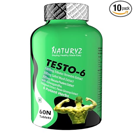 Naturyz Testo-6 Plant based Supplement For Men 2100mg per serving with Maximum Strength 1000mg Tribulus Terrestris, Safed Musli, Kaunj, Ashwagandha for Muscle gain, Stamina & Strength - 60Tablets