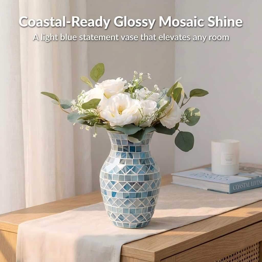Blue Vases for Home Decor, 8 Inch Light Blue Mosaic Vase, Decorative Glass Flower Vases for Centerpieces Living Room Bedroom Bookshelf Decor