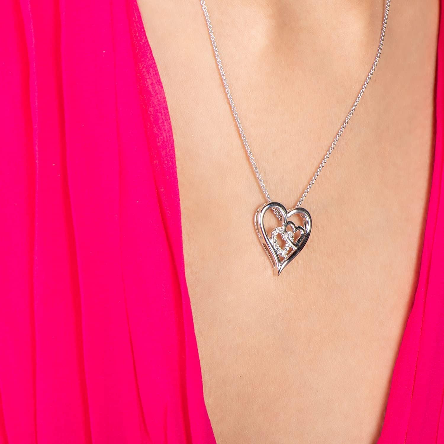 Jewelili Triple Open Heart Necklace Pendant in Sterling Silver with Round Diamond and 18 inch Rolo Chain