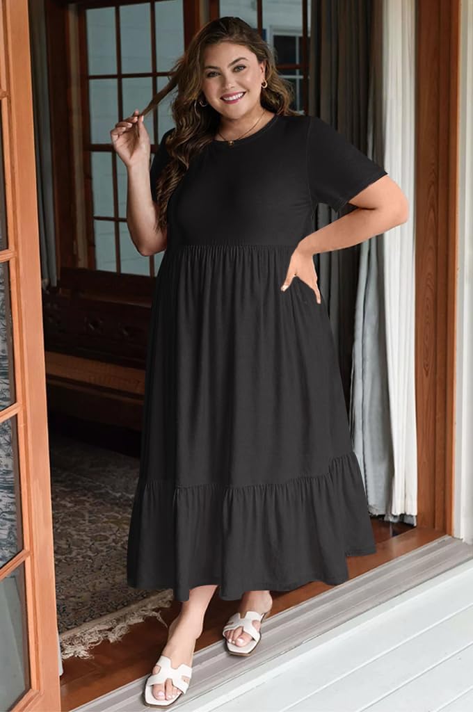 Plus Size Dresses for Women Summer Casual Short Sleeve Crewneck Aline Swing Flowy Tiered Maxi Long Dress with Pockets - Image 4
