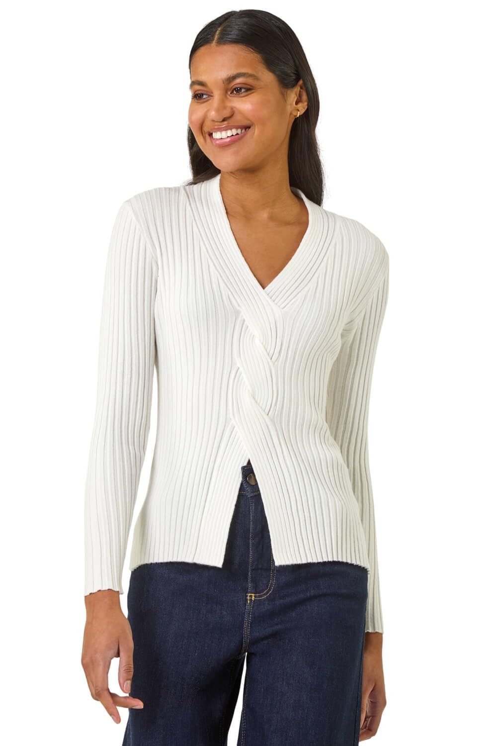 Roman Women's Cable Split Detail Rib Jumper in Ivory | Size: 18