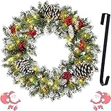 Christmas Wreath with Hange, 45cm/18inch Artificial Christmas Garland for Front Door with 50 LED Lights, Wreath Door Hook Outdoor Christmas Wreath