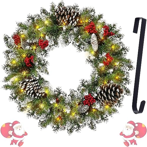 Christmas Wreath with Hange, 45cm/18inch Artificial Christmas Garland for Front Door with 50 LED Lights, Wreath Door Hook Outdoor Christmas Wreath