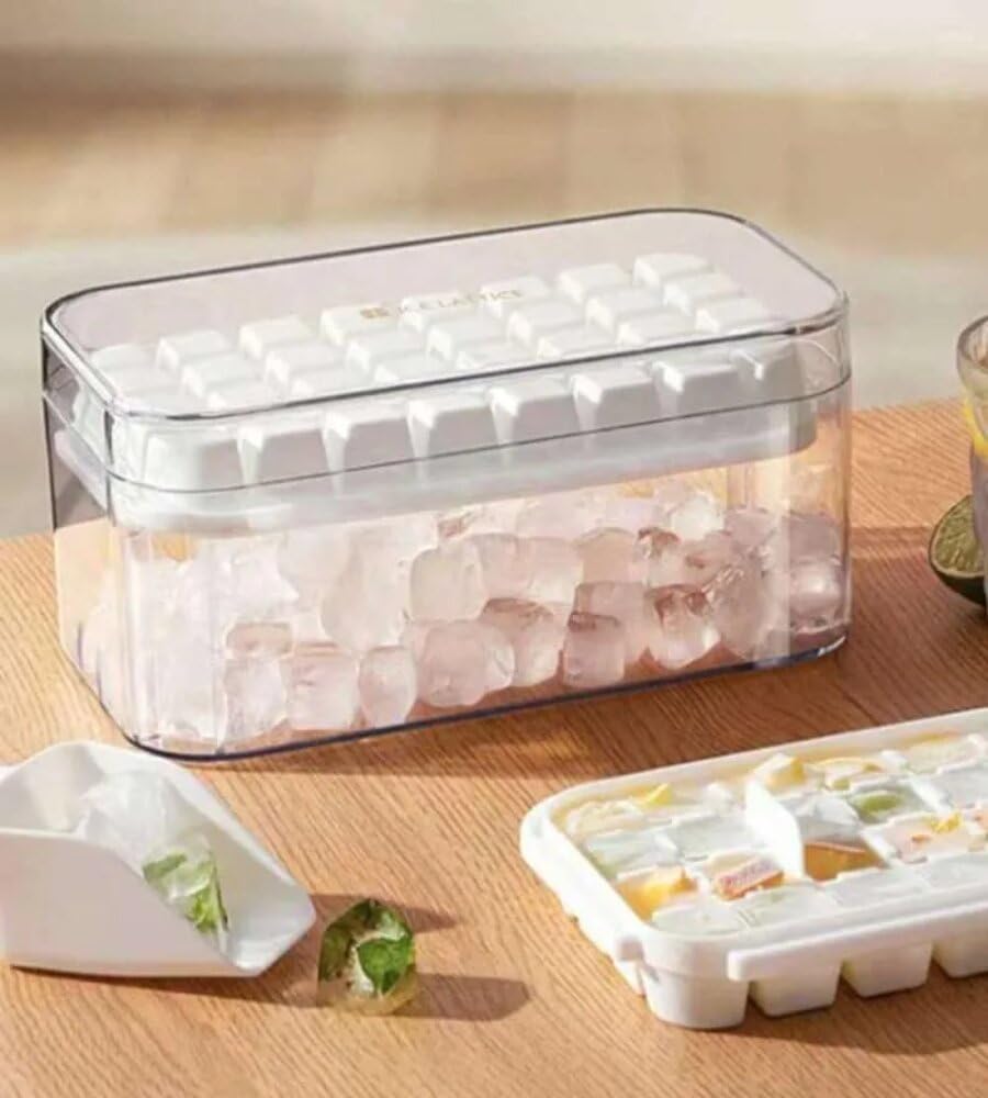 32-Cube Ice Tray Set with Container & Scoop – Space-Saving Silicone Ice Mold with Push-Release Grid, Airtight Lid, and Ice Scoop for Freezer, Cocktails, Home (White)