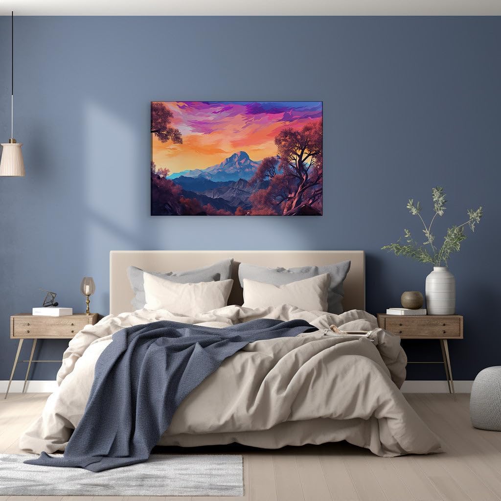 Canvas for Living Room. Sunset Serenade Over Majestic Mountains - A Digital Tapestry of Nature's Finest Moments, 27 x 18 inch Canvas Wall Art - Surrealistic Visions - Modern Home Decor