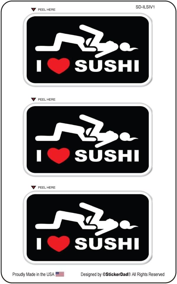 I Love Sushi V1 (3 Pack) Vinyl Hard Hat Helmet Decal - Size: 2.1 inch X 1.1 inch Color: Black/White/RED - Hard Hat, Helmet, Windows, Walls, Bumpers, Laptop, Lockers, etc.