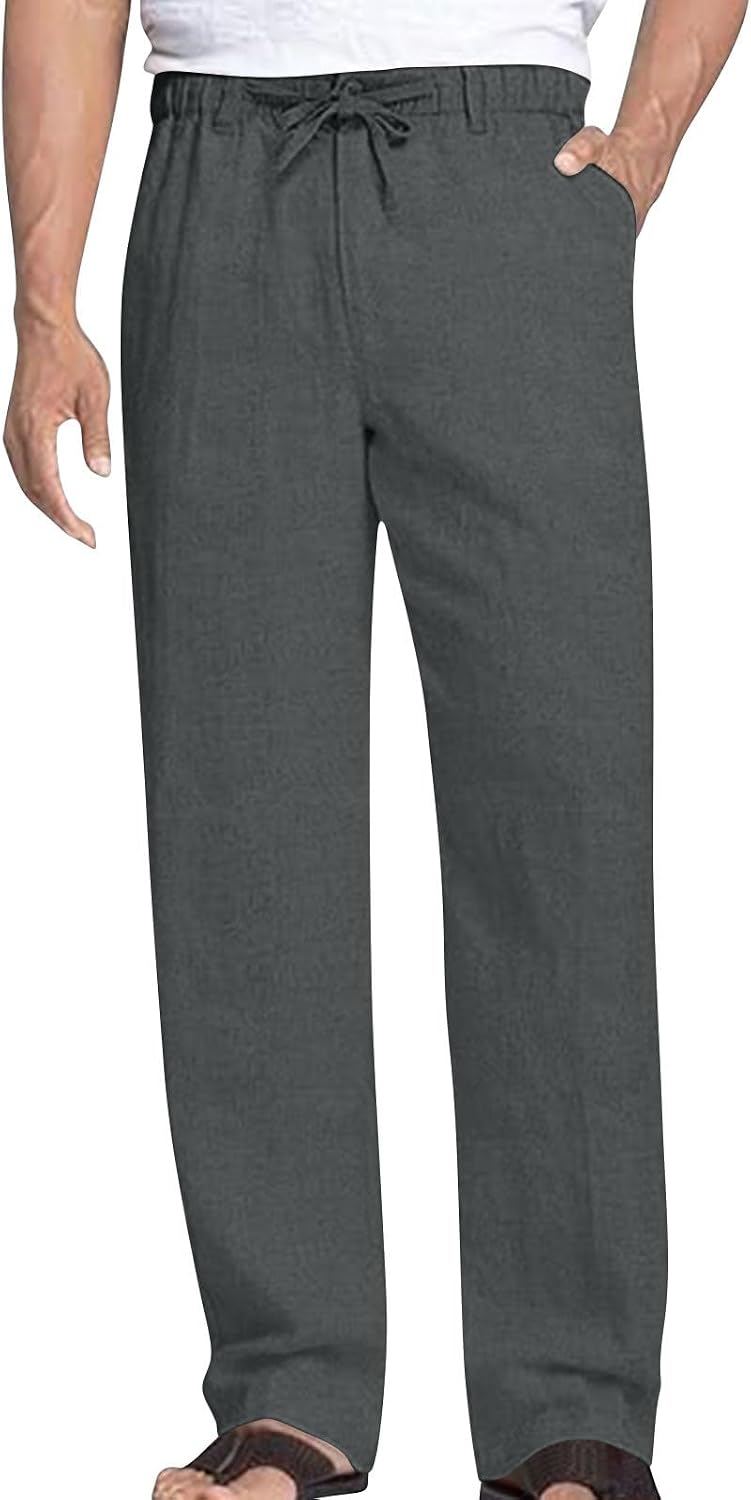 Men's Linen Pants Casual Beach Summer Trousers Elastic Waist Drawstring Lightweight Leggings with Pockets 2026