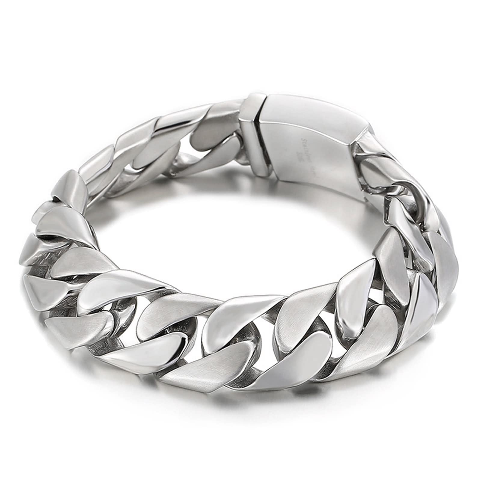 Gioielli gourmette da uomo, regali giovani, catena cubana, argento liscio/spazzolato, acciaio inossidabile, 220 x 17 mm