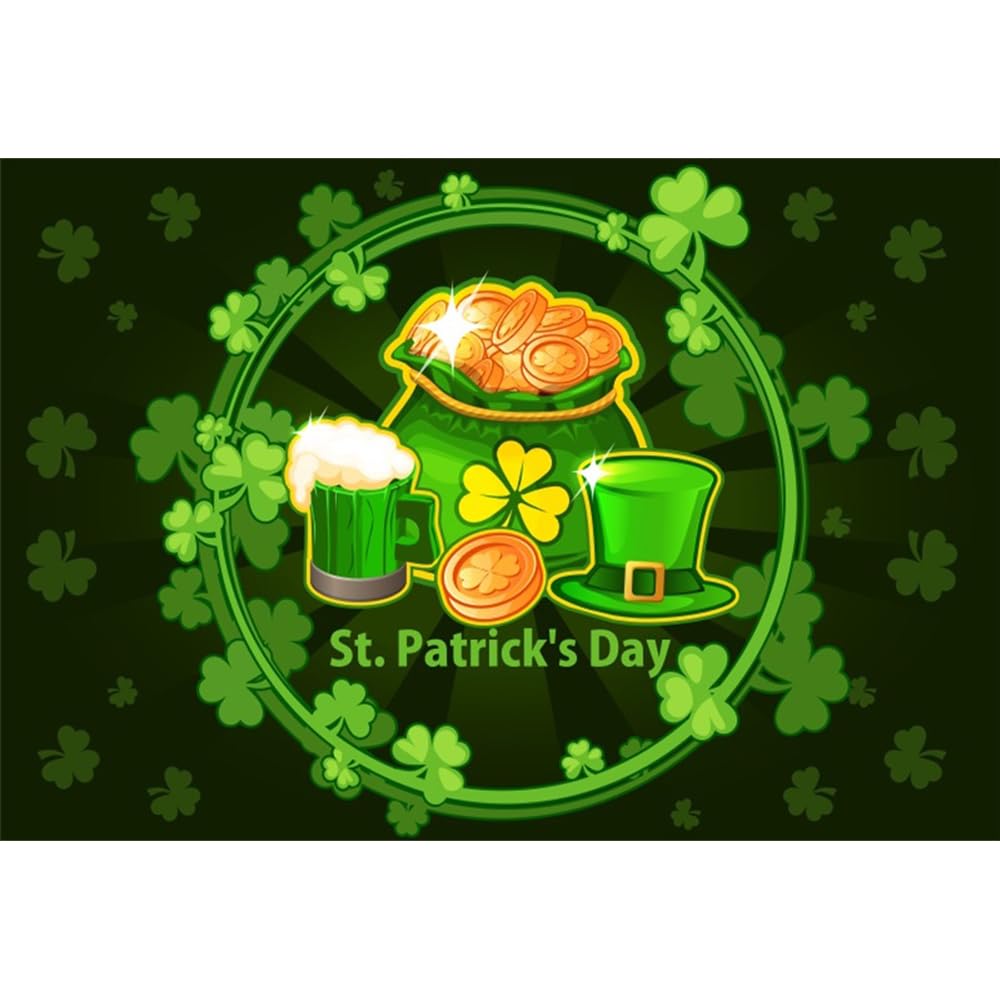 Renaiss 7x5ft St.Patrick's Day Backdrop Lucky Irish Green Shamrock Spring Hat Pot of Gold Coins Beer Photography Background for Irish Luck Day Saint Party Decor Banner Photo Studio Props