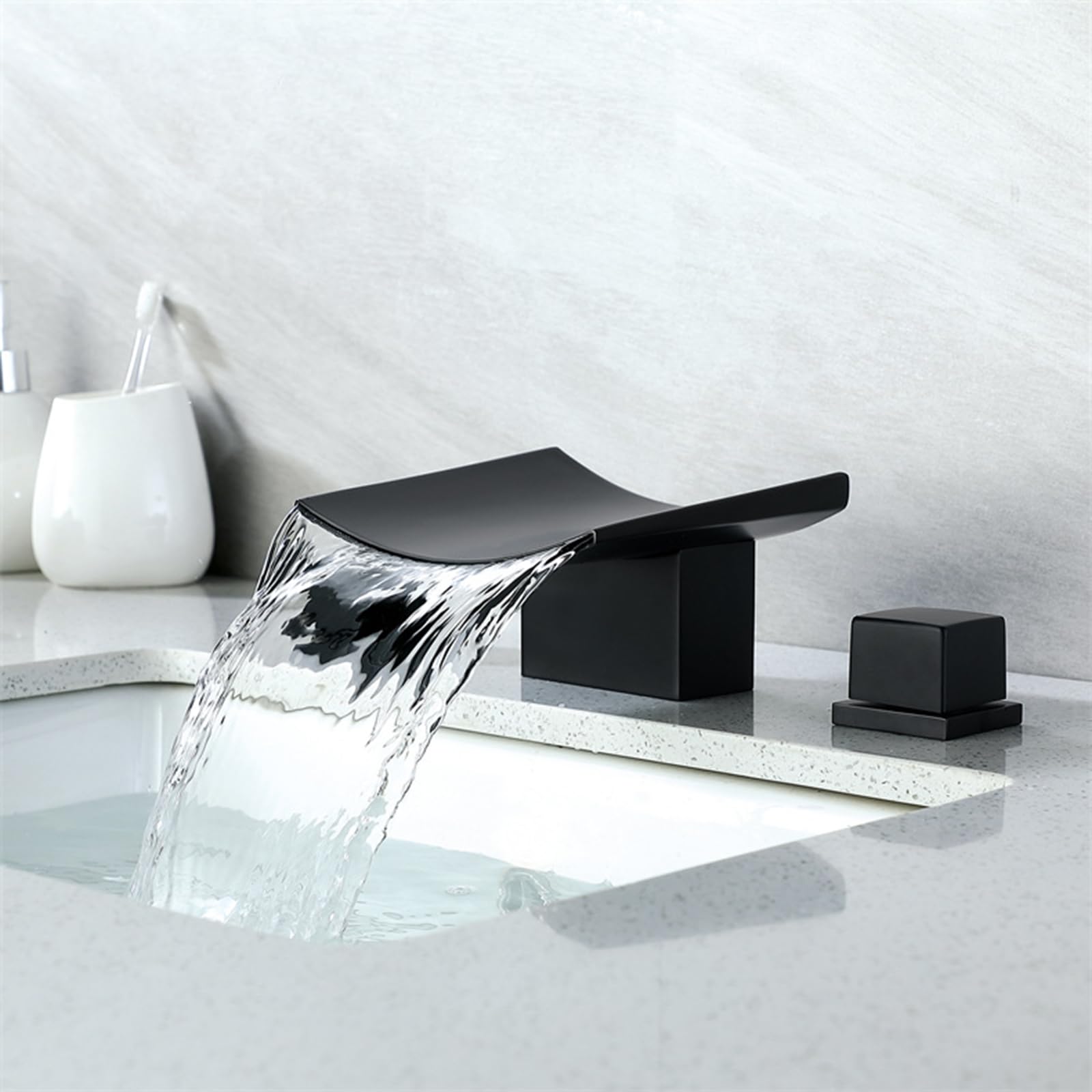 SOHNVWTGD 3 Holes Wash Basin Taps Wide Mouth Mixer Tap Bathroom Sink Waterfall G1/2 Bathroom Taps Mixer,Black