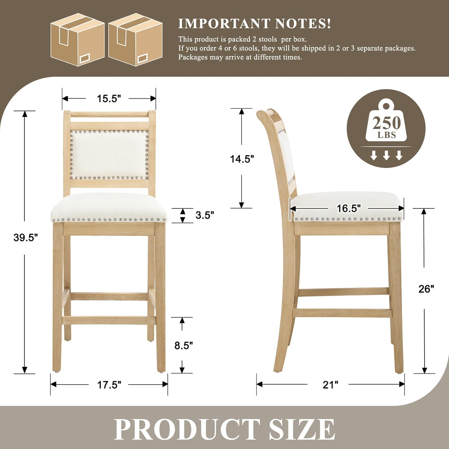 26" Counter Height Bar Stools for Kitchen Island with Solid Wood Frame, Linen Fabric Upholstered Barstools Set of 2 with Backrest for Home Bar/Patio/Balcony, Ivory