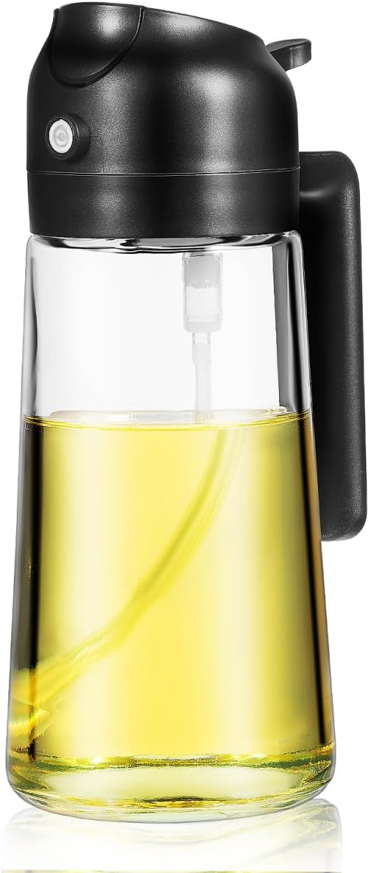 Cabilock Olive Oil Dispenser Bottle 2 in 1 Oil Sprayer and Pourer Glass Dispenser Container with Wide Mouth One Hand Operation for Cooking Salad Home Kitchen and Camping
