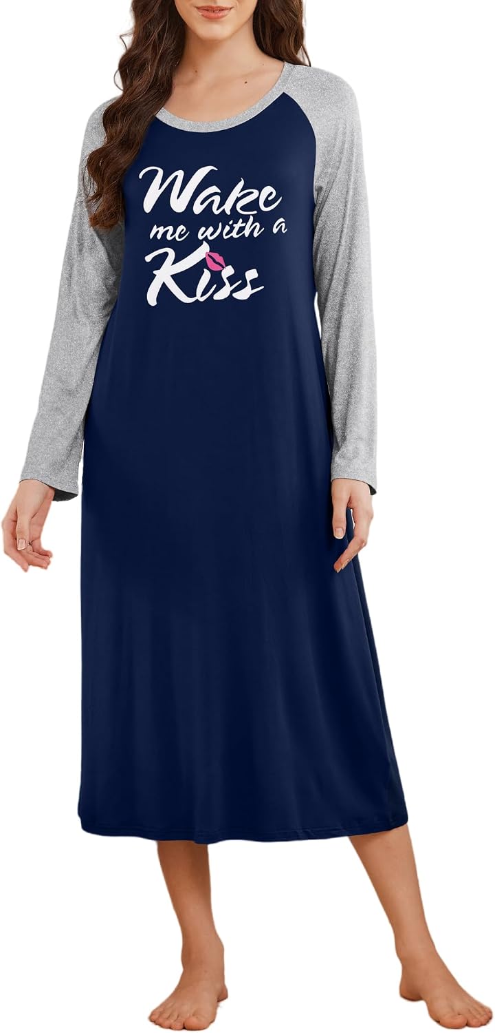 Ekouaer Long Sleeve Nightgowns for Women Calf Length Sleep Shirts | Crew Neck Sleep Dress Soft Comfortable Nightshirts Casual Sleepwear S-XXL