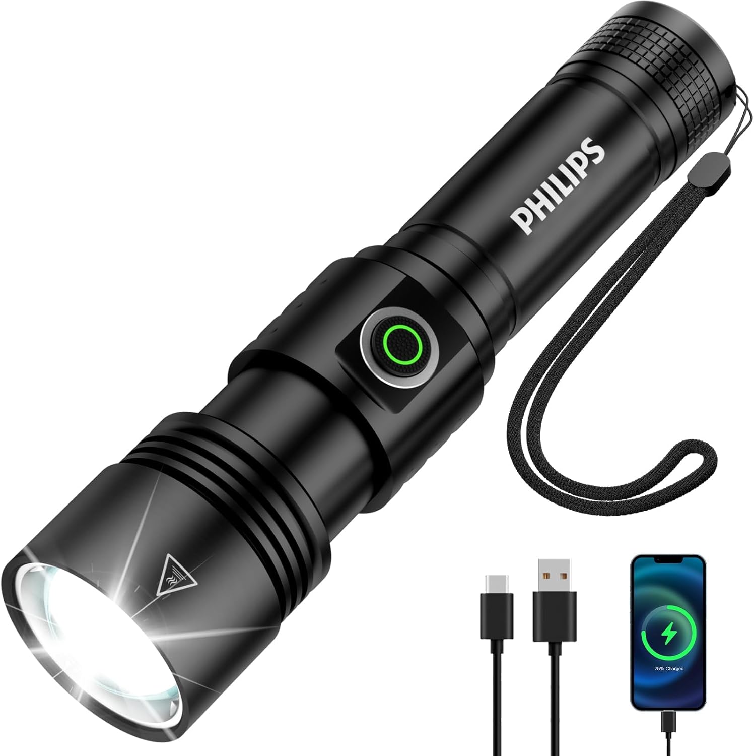 PHILIPS Flashlights High Lumens Rechargeable,2000lm Super Bright Flashlight,LED Powerful Flashlight Zoomable,Reverse Charging,5 Modes for Home,Outdoor Camping Emergency Flashlight-5111