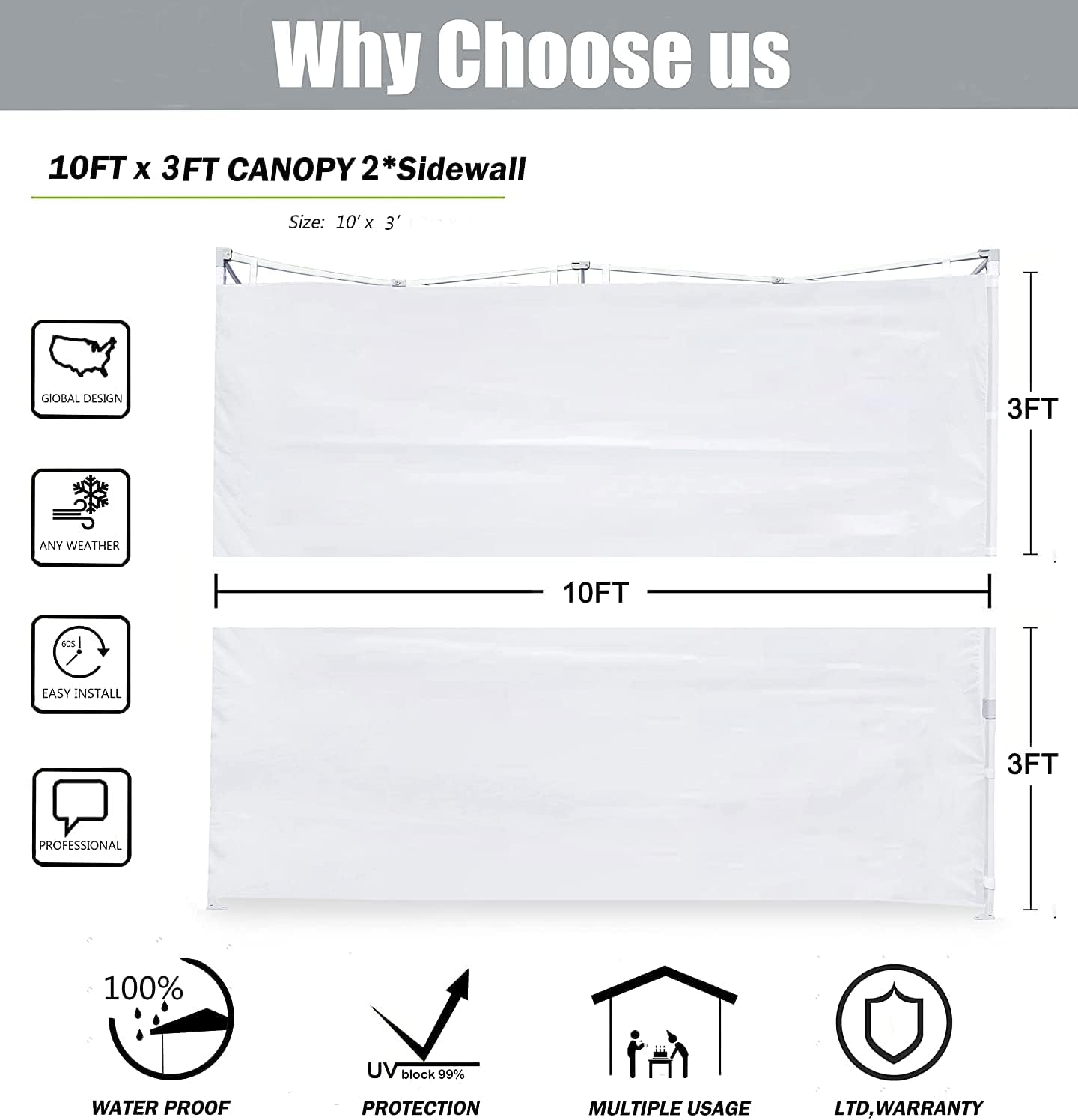 SCOCANOPY 10x3ft SideWall for 10x10 Pop Up Canopy Frame, 3 Pack SunWall Only,White
