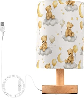 Table Lamp Teddy Bears Nightstand lamp Fabric Lamps with Wood Base Fabric Shade Bedside Desk Lamps for Bedroom Living Kids Room Desk Nursery Office Cute Stars Home Decor
