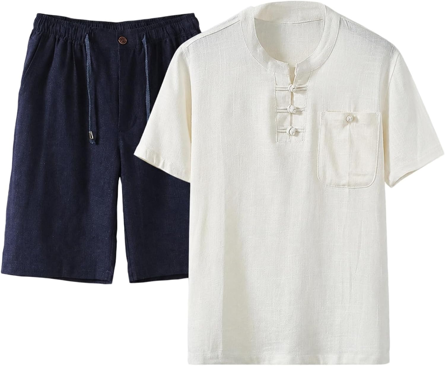 Men's Linen Short Sleeve T-Shirt Set Stand Collar Ethnic Style Top and Shorts Casual 2 Piece Outfit