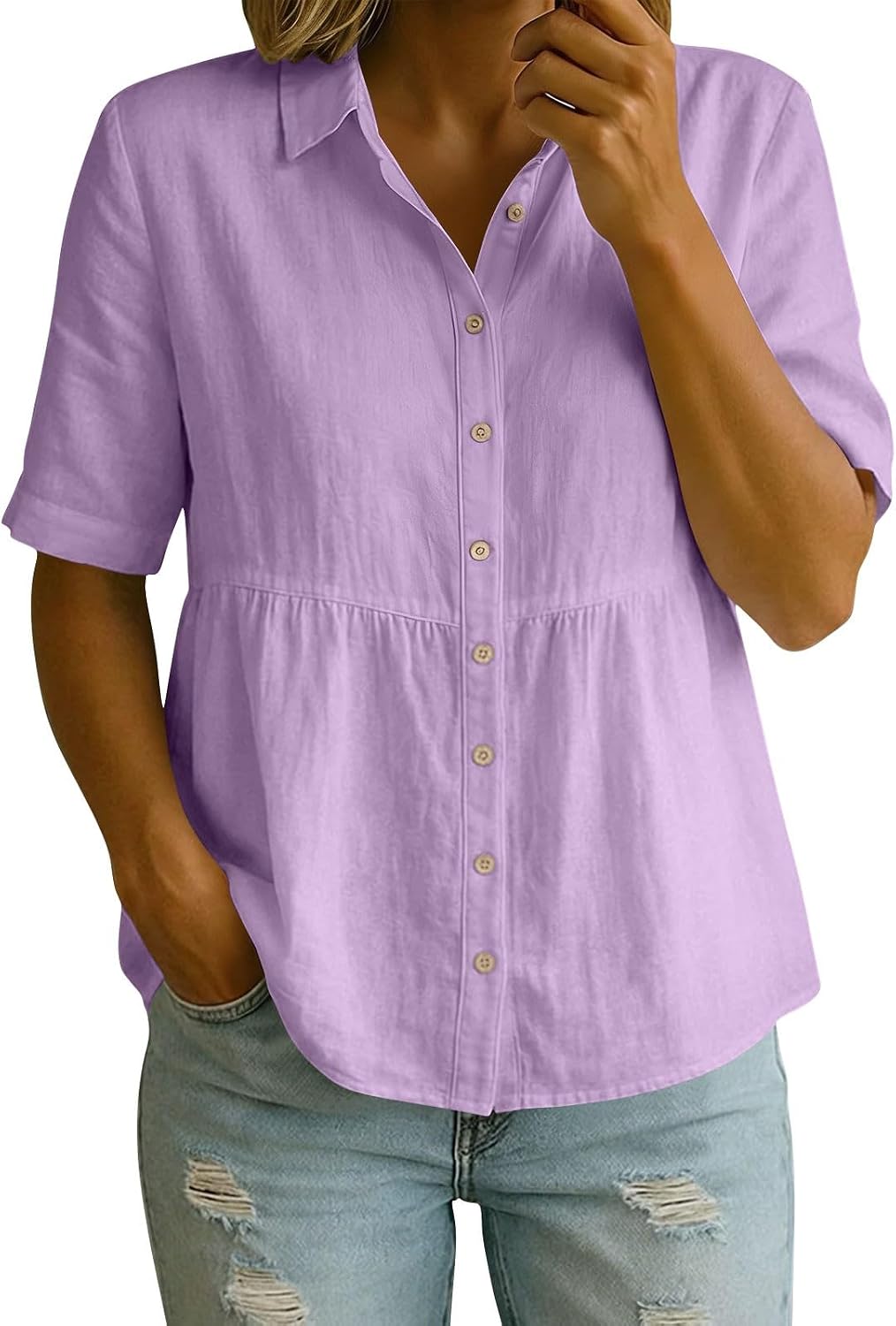 Cotton Linen Tops for Women Short Sleeve Button Down Shirts Casual Loose Blouse Work Office Spring Summer Tunic Tops