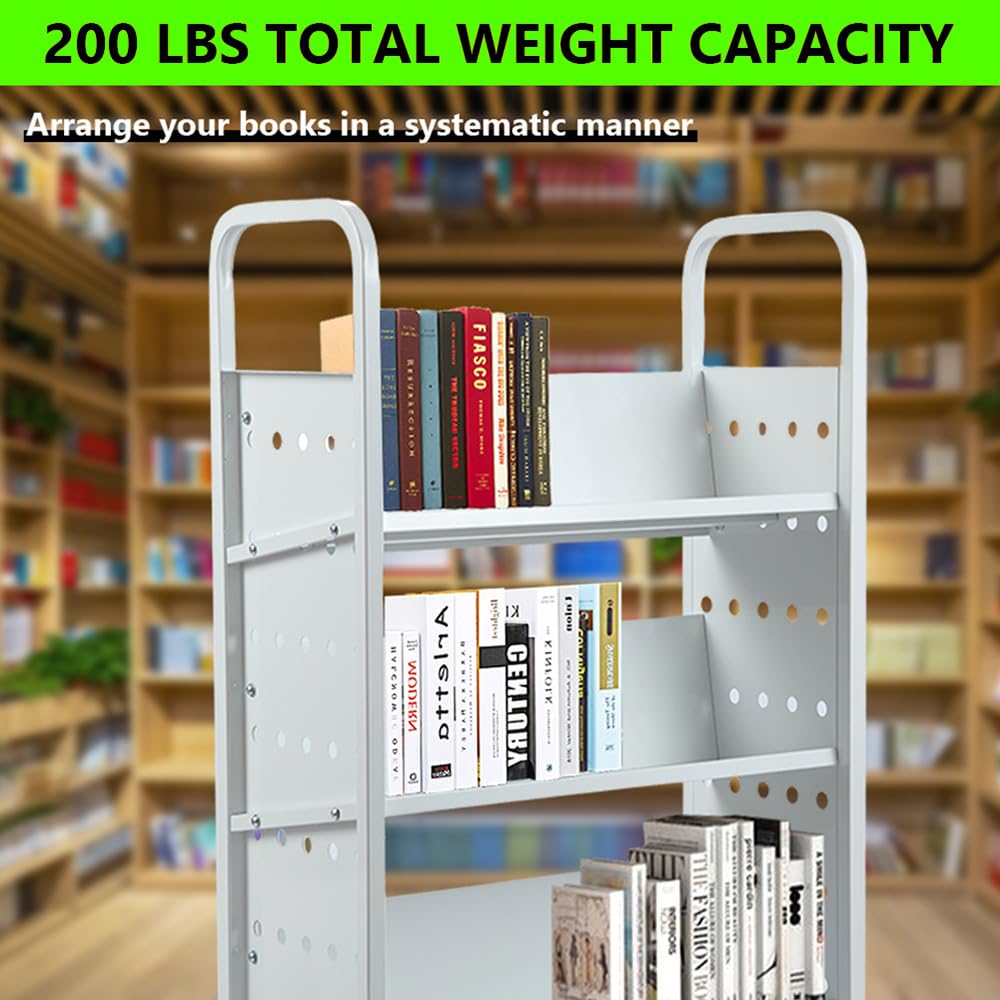 Garvee 200 LBS Book Cart, 30x14x49 V-Shaped Rolling Library Cart with 4 in Lockable Wheels for Libraries, Offices, Home Shelves, and Schools