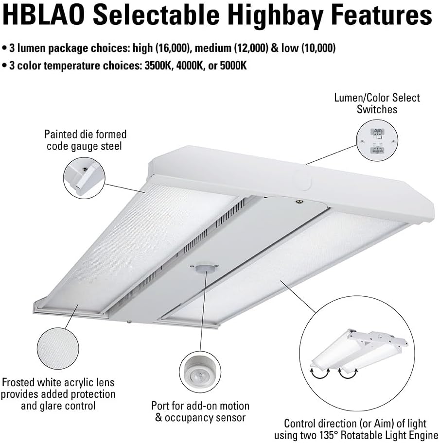 Metalux HBLAO 2’ 250W Equivalent High Bay LED Lighting w/Adjustable Optics, Selectable CCT, and Lumens (up to 16,000): HBLAOS-1016C3R