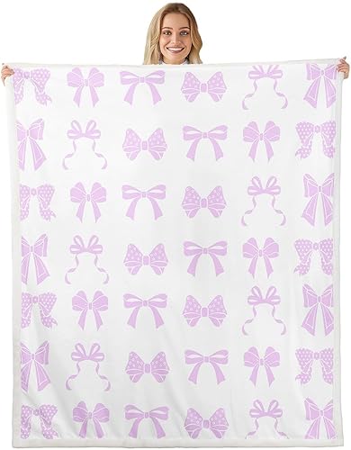 Vista 10 de Manta moderna de franela de vellón con lazo de 40 x 50 pulgadas, estilo princesa, manta mullida para sofá y sofá, con lazos azules y blancos