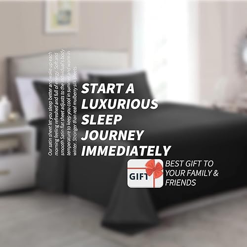 Miniatura 8 de juego de 3 sábanas de satén negro tamaño Twin XL, juego de sábanas de satén sedoso con 1 sábana bajera con bolsillo profundo, 1 sábana encimera, 1