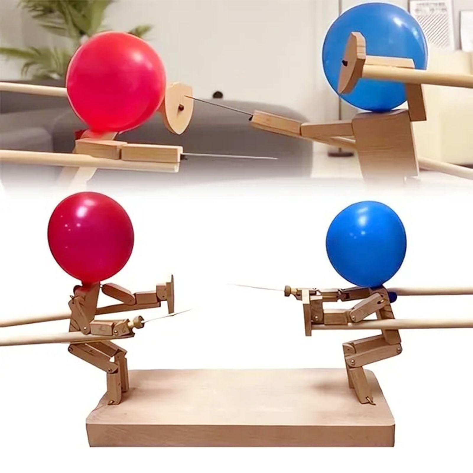Hölzerne Fechtpuppen, Ballon-Bambus-Mann-Schlacht, Handgefertigter Ballonmann-Kampf mit 1 Beutel Luftballons,für 2 Spieler, Tischbrettspiel für Familienfeiern, Freundestreffen