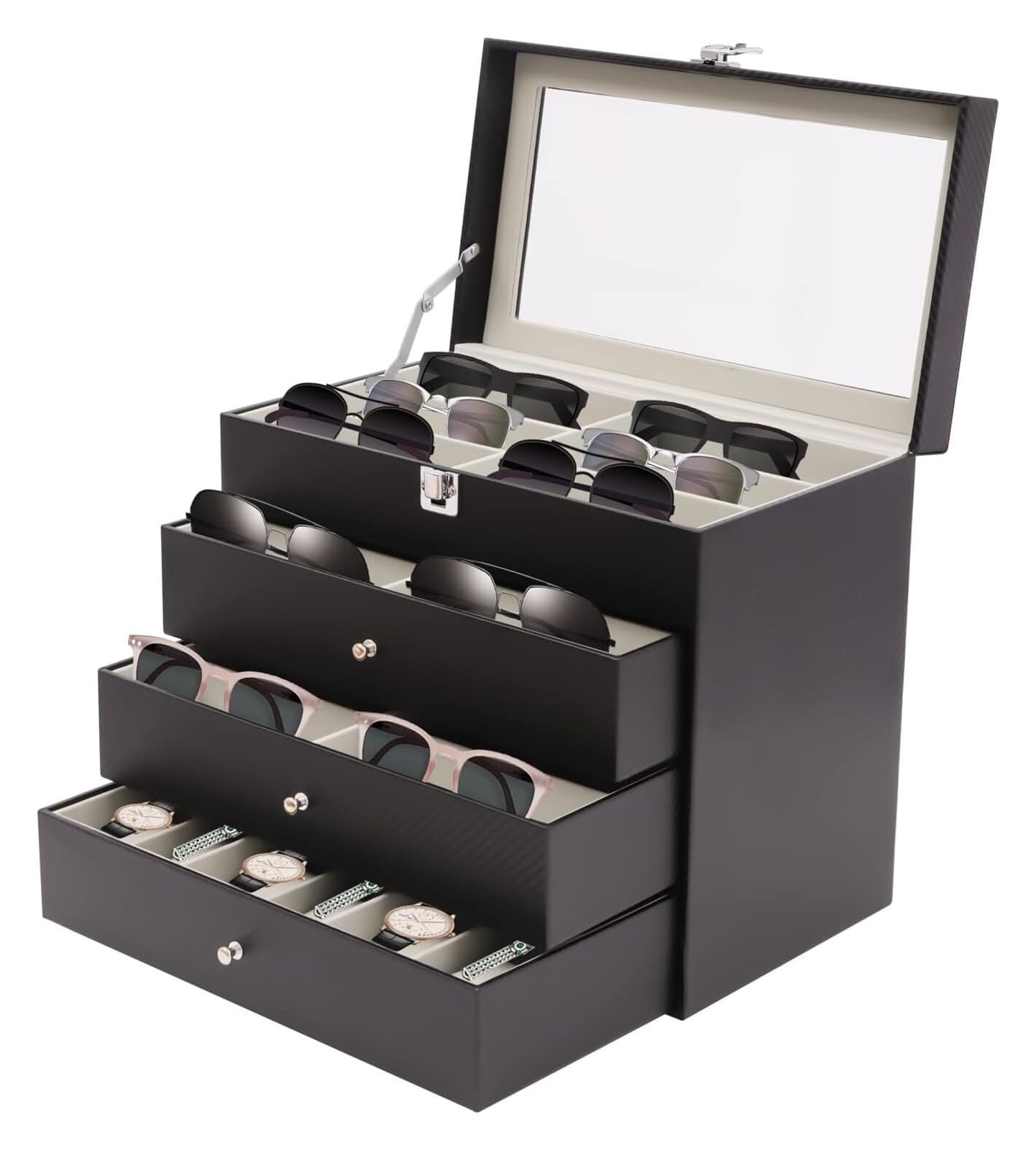 ANVLOJRIH Sunglasses Display Case，4 Layer Black Organizer Case, 6 Watch Box Jewelry And 18 Piece Eyeglass Storage Leather