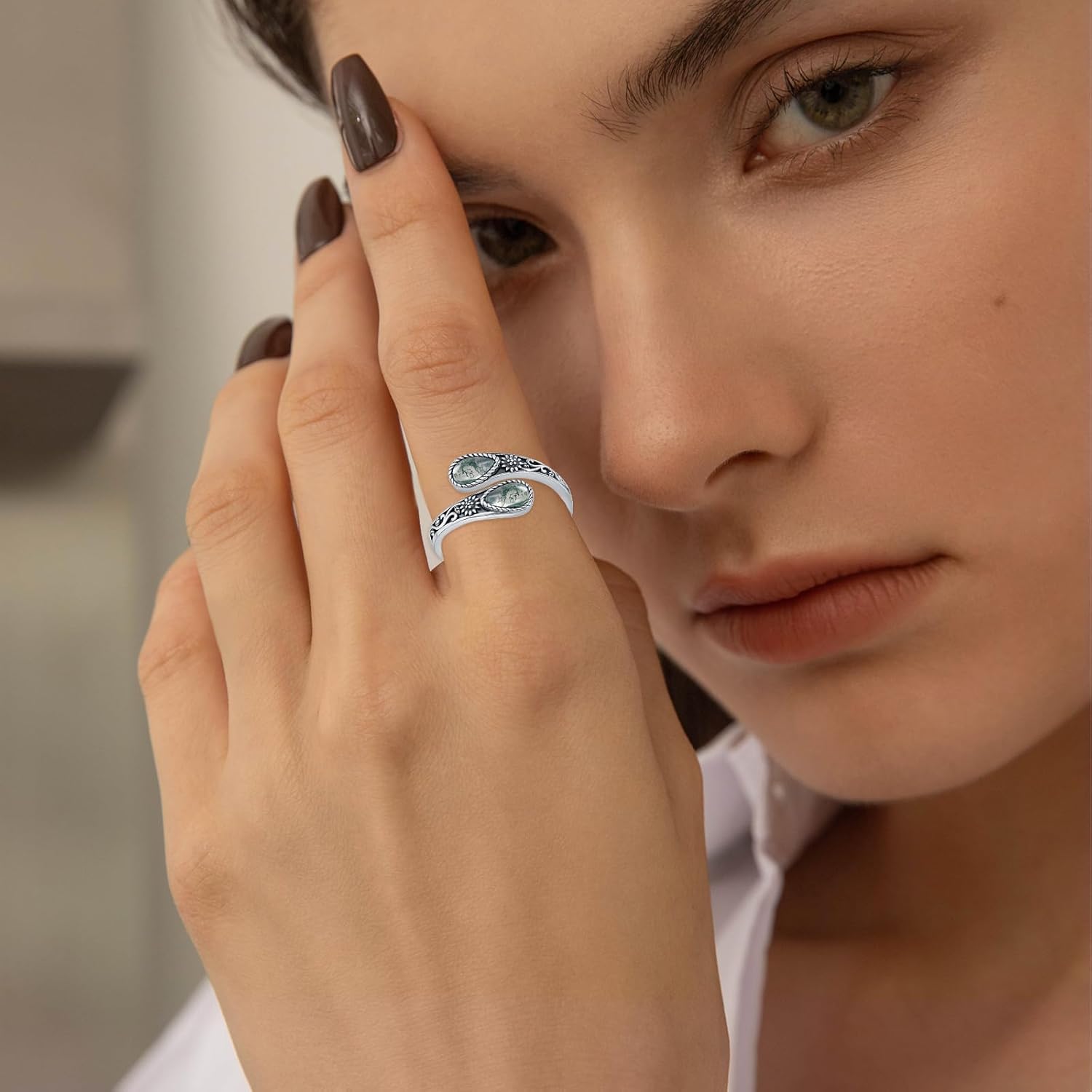 KiiKii Moss Agate Ring 925 Sterling Silver Adjustable Open Lotus/Sunflower/Butterfly Spoon Ring Statement Jewelry Birthday Gifts for Women - Image 3