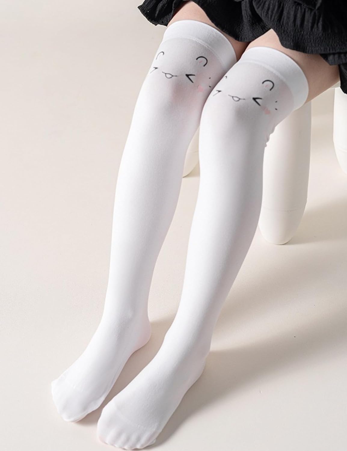 Girl’s Knee High Long Socks | Cat Printed Stretchy Thin Comfort Soft Velvet