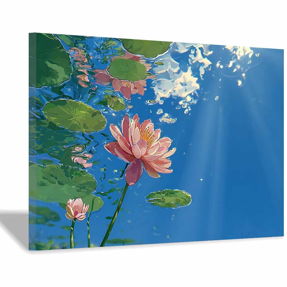 ZAMAEIU Nature Landscape Picture Lotuss reflected in water Large Modern Scenic Painting, for Living Room Bedroom Bathroom Dinning Room Home Office Wall Decor(pink)-60x90cm Framed