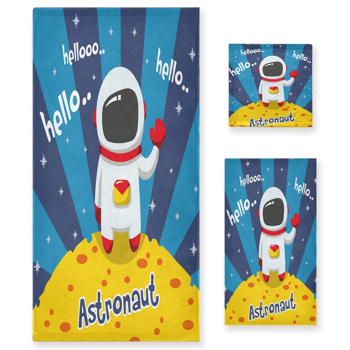 Astronauta Luna Linda Caricatura Juego de Toallas para Baño Playa 100% Algodón de Piscina Toalla (1 Toalla de Baño y 1 Toalla de Mano y 1 Paño de Lavado) para Nadar Hotel Niñas Niños Niños
