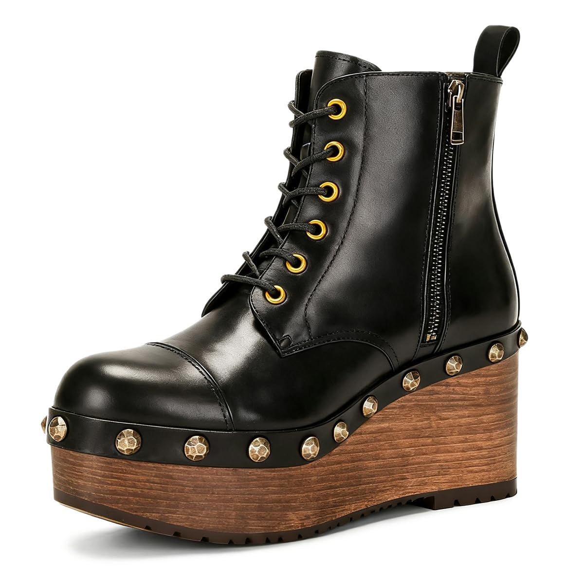 YDN Womens Studded Closed Toe Platform Booties Lace Up Wedge Mid Heels Side Zip Ankle Boots Walking Shopping