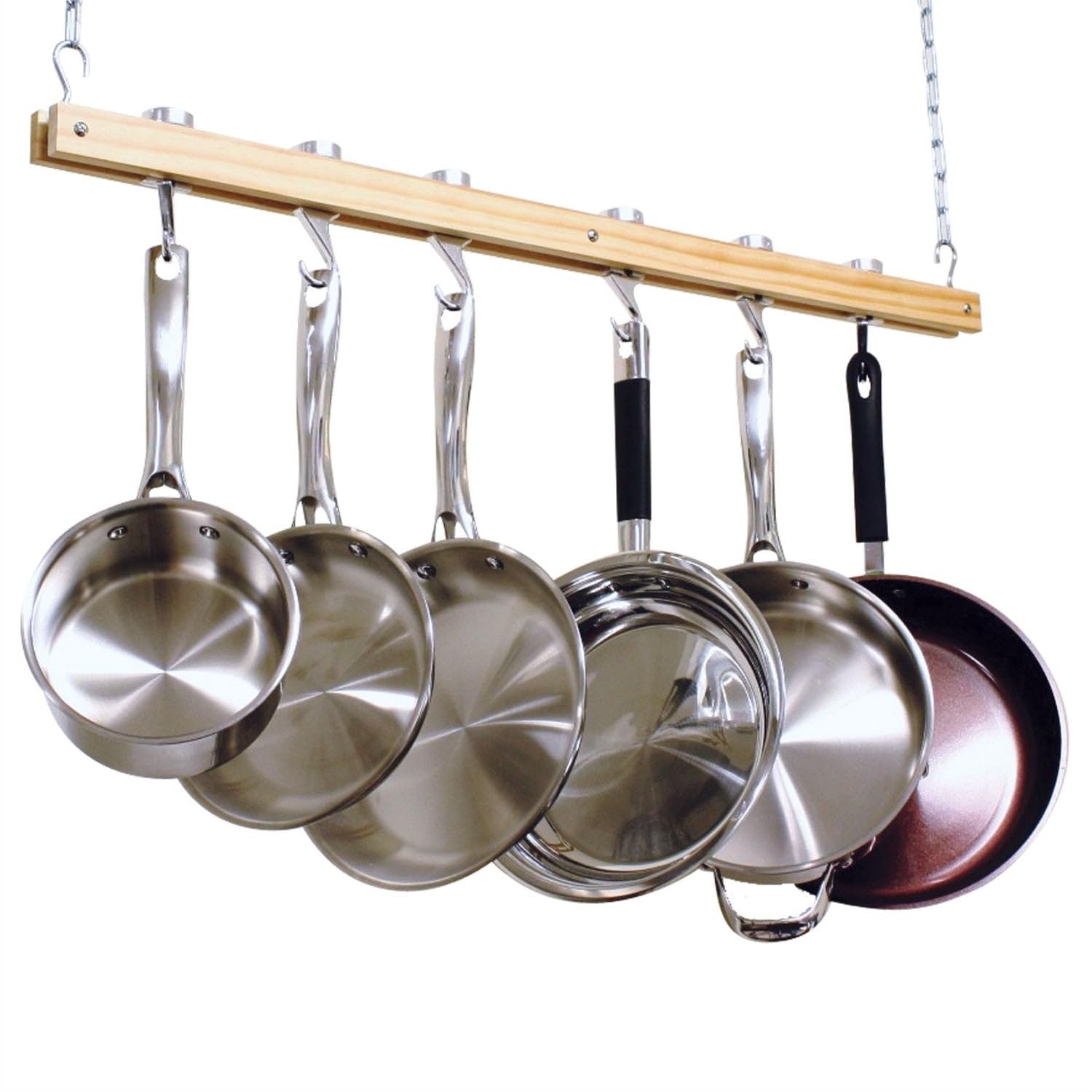 Ceiling Mount Single Bar Wooden Pot Rack with 4 Pan Hooks New