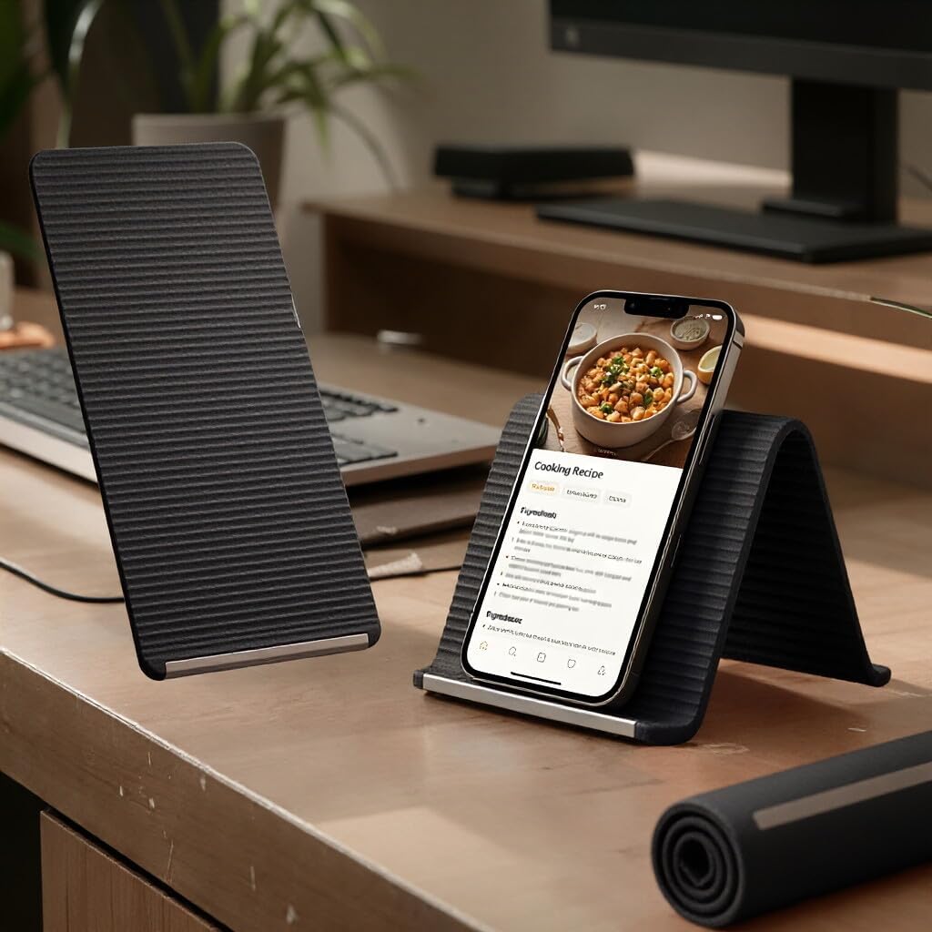 Flexible Silicone Aluminum Phone Holder Stand, Bendable Rollable Foldable Design, Universal Adjustable Anti-Slip Desktop Mount for Phone Tablet Laptop (Black)