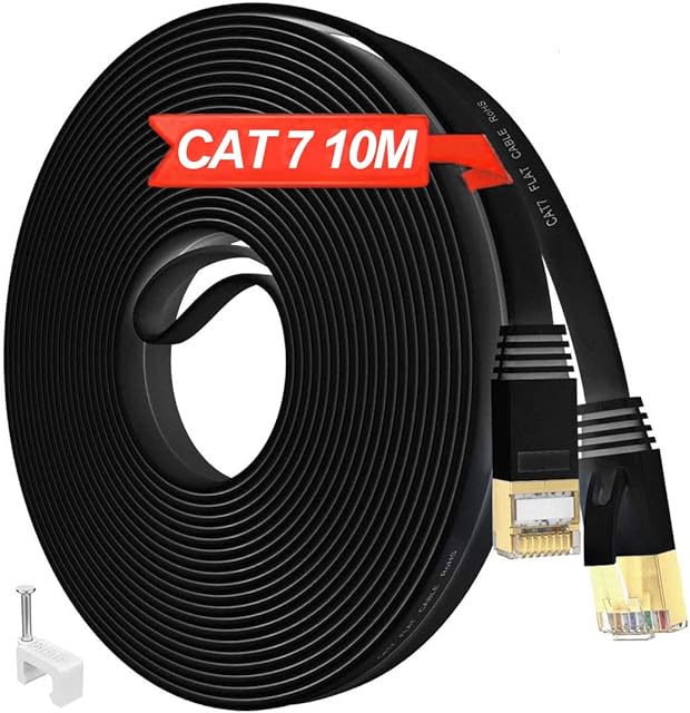 ikbc 10 meter Ethernet Cable - CAT 7 Ethernet Cable 10m Flat Internet Cable High Speed Gigabit - FTP Cables for Gaming - RJ45 10Gbps 600Mhz/s Lan Patch Cord Cables for Xbox/PS4/Switch/Router/Modem