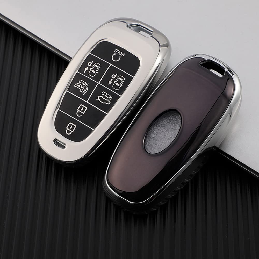 HIBEYO Smartkry Car Key Case Fits Hyundai Key Case Silicone Key Protector for Hyundai Sonata Nexo DN8 Santa Fe Tucson NX4 Ioniq 2022 Remote Control Key Case 7 Buttons Silver - Image 3