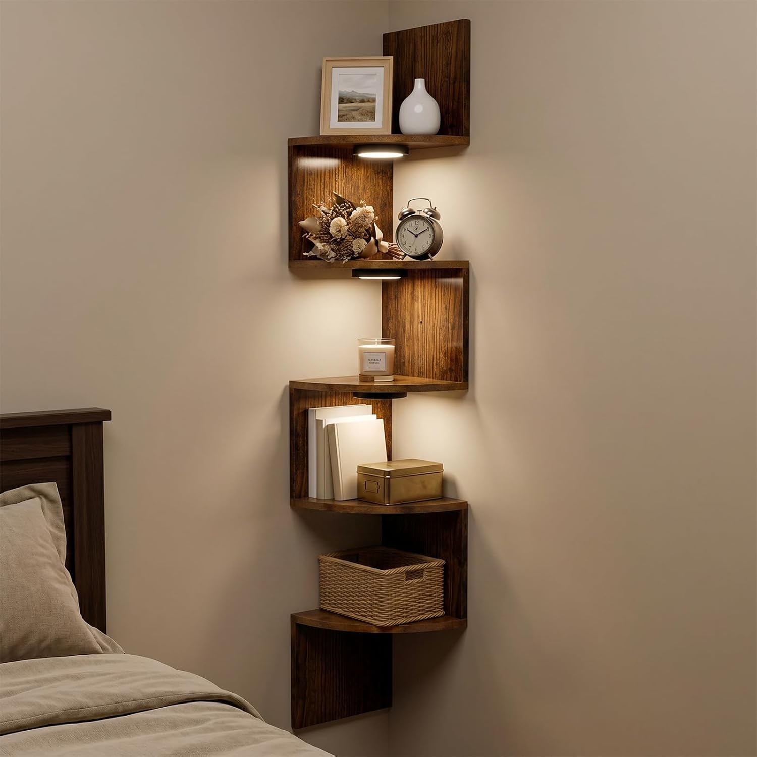 HAAYOT Corner Shelf Wall Mounted: 5-Tier Floating Shelves with Lights for Bedroom, Living Room, Home Office, Rustic Brown